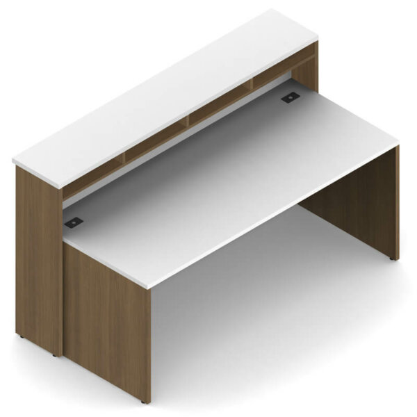 Ionic Modern Reception Desk Dimensions: 72"W x 36.5"D x 42"H Available to order with 48 hr lead time (Asian Night & Winter Cherry laminate only). Other laminate finishes available with longer lead time