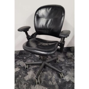 Leap V1 Task Chair Black Leather Upper back force 5" pneumatic seat-height adjustment Variable backstop Lower back firmness Rectilinear independent height-, width-, pivot- adjustable arms and soft arm caps 3" seat depth adjustment Passive seat edge angle Adjustable lumbar 2 1⁄2"-diameter, hard-composition, dual-wheel casters