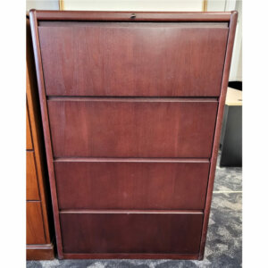 Steelcase 4 Drawer Lateral Cabinet Dark Mahogany 36"w x 20"d (includes handles) x 65.5"h, Recessed pull handles, leveling glides