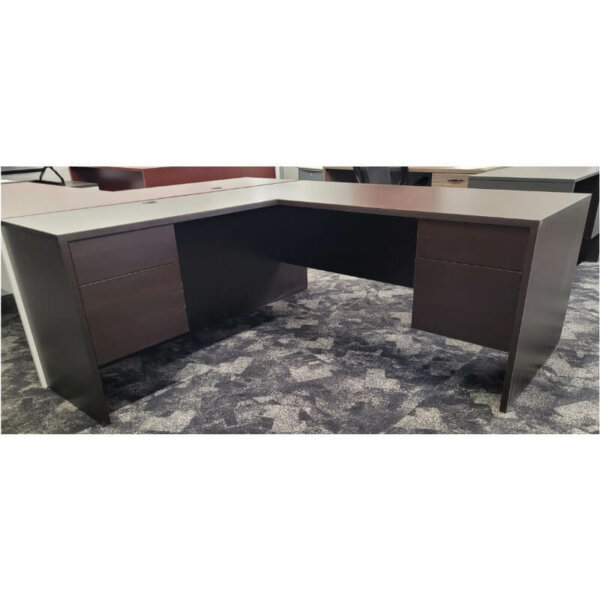 Natalex L-shape Desk Cocoa Laminate Overall: 66"w x 70"d Main Desk: 66"w x 30"d with left return 20"w x 40"d Mahogany surface with white base  1" thick laminate Two locking box/file pedestals grommet hole centered in return Recessed modesty panel