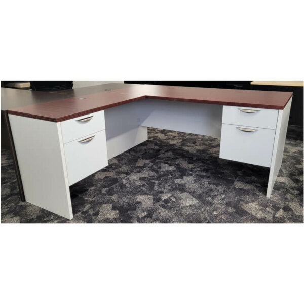 Natalex L-shape Desk Mahogany/White Overall: 66"w x 70"d Main Desk: 66"w x 30"d with left return 20"w x 40"d Mahogany surface with white base  1" thick laminate Two locking box/file pedestals grommet hole centered in return Recessed modesty panel