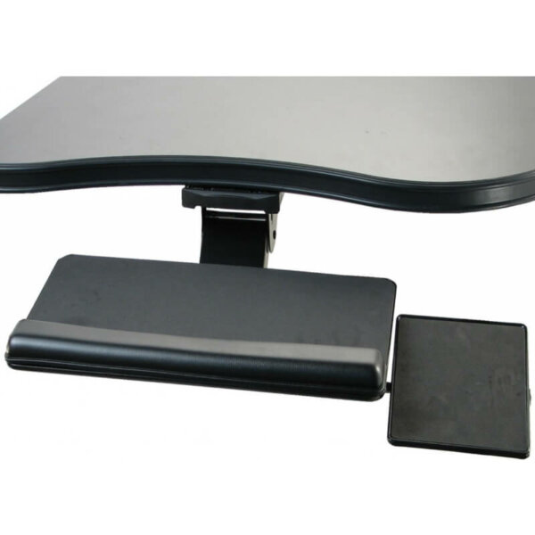 Ergonomic Keyboard Tray AKT4M 18” smooth glide storage track 360 degree swivel mount Adaptable for right or left-hand users twist knob height/tilt adjustment height adjustment range of 5” below the work surface 20” steel platform separate tiltable mouse pad 19” Gel palm/wrist support anti-skid tray surface meets or exceeds BIFMA standards low profile mechanism and platform maximizes knee clearance