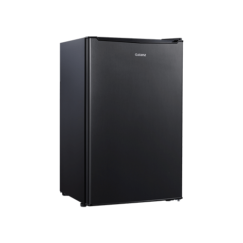 Galanz 3.3 Cu Ft Compact Refrigerator Black Finish Adjustable Mechanical Thermostat Control 2 Litre Bottle Door Storage 7 Can dispensers Full Width Chiller Compartment 1 Crisper Glass Cover 1 Full Slide Out Glass Shelf Reversible Doors 2 Leveling Front Legs