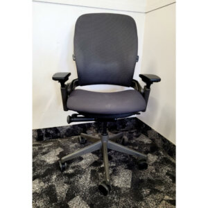 Steelcase Leap V2, Grey/black frame with original grey 3D mesh back and black fabric seat, Upper back force, 5" pneumatic seat-height adjustment, Variable backstop, Lower back firmness, Rectilinear independent height-, width-, pivot-, and depth- adjustable arms and soft arm caps, 3" seat depth adjustment, Passive seat edge angle, Adjustable lumbar, 2 1⁄2"-diameter, hard-composition, dual-wheel casters