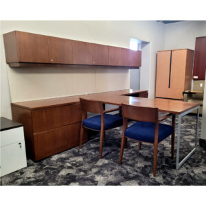Steelcase Wood Desk Suite 114"w x 90"d, 40 units available - price does not include guest chairs, Recessed pull handles Large conference peninsula Box, box, file pedestal Two-drawer lateral file - legal or letter 9' 6" of overhead locking storage Tackboard