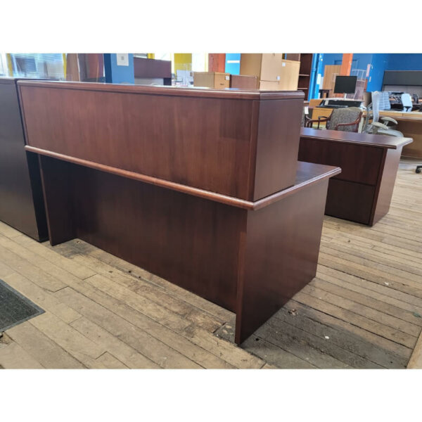 U-Shape Reception Desk Mahogany laminate Overall Dimensions: 72” W x 106” D x 45.5” H Surface Height: 29"H Two box, box, file pedestals 2 drawer lateral extra replacement drawer fronts
