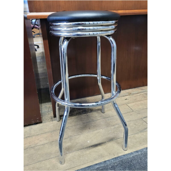 Swivel Stool Like-new barstools - perfect for home or office. 6 available Polished aluminum 4-leg armless stool. Upholstered black vinyl swivel seat Overall 20.5" w x 20.5" d x 29" h Seat Diameter: 14" swivel seat durable plastic feet