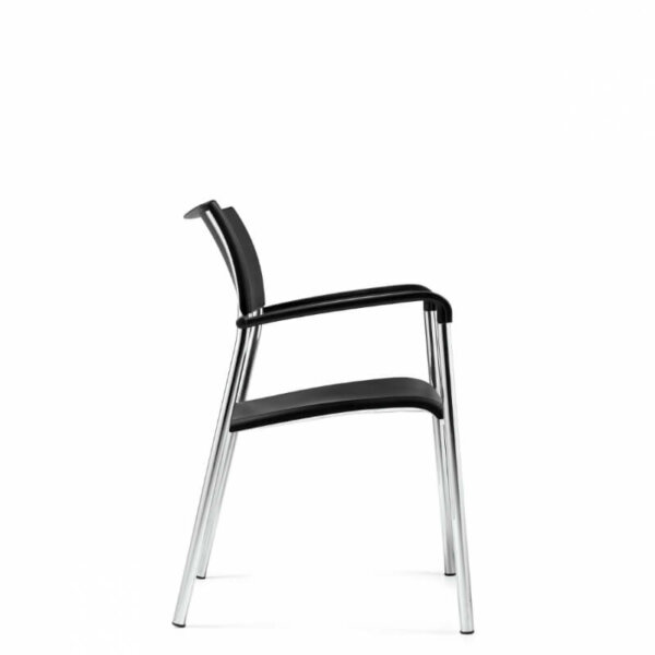 Multi-purpose stacking chairs Strong welded steel frame in chrome finish Durable and easy to clean polypropylene back and seat Fiberglass-reinforced polypropylene arms Stackable up to 5 high on floor Shipped fully assembled