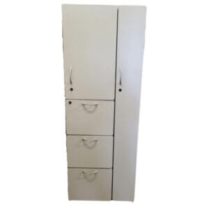 Laminate Combination Storage/Wardrobe Unit Overall Dimensions: 24" w x 24" d x 66" h One locking storage drawer, 2 non-locking drawer One adjustable shelf Garment hanging area Adjustable floor glides