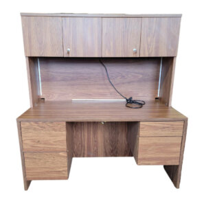 Laminate Double Pedestal Desk with Hutch 60"w x 30"d x 65"h 20.75" clearance under hutch  box, file pedestals task light One file, file pedestal Task light Locking doors on hutch