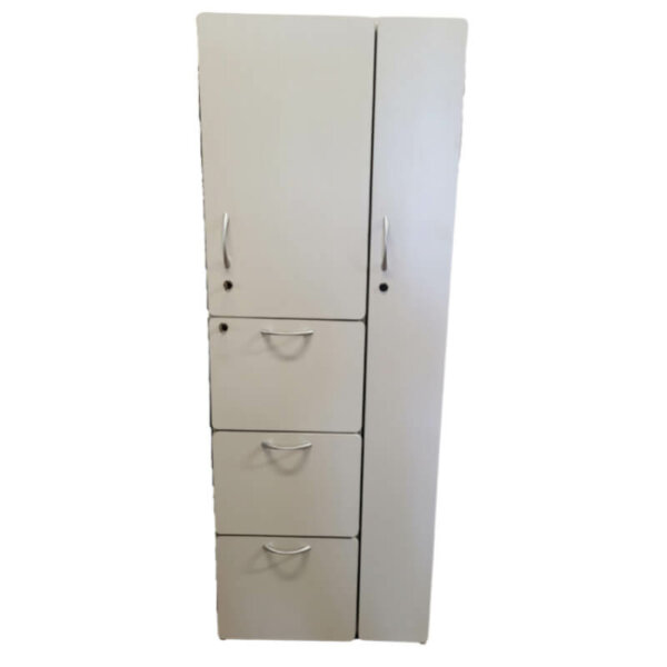 Laminate Combination Storage/Wardrobe Unit Overall Dimensions: 24" w x 24" d x 66" h One locking storage drawer, 2 non-locking drawer One adjustable shelf Garment hanging area Adjustable floor glides