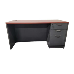 Natalex Desk Overall: 60"w x 30"d x 29"h Laminate: Charcoal base with Brandy surface  Handles: Nickel Flair 1" thick laminate One locking box, box, file pedestal Recessed modesty panel One grommet hole