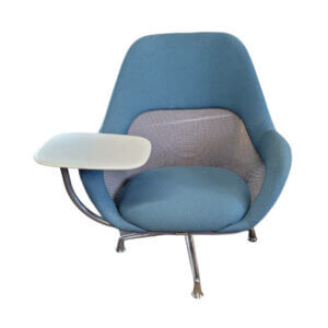 Steelcase SW_1 Tablet Armchair Blue fabric upholstery with grey Steelcase 3D mesh accent Overall 32.25" w x 30" d x 41.75" h Easy gliding feet Swivel tablet table Automatic return-to-center swivel base Recycled/recyclable cast aluminum legs Cushions can be re-upholstered BIFMA Compliant, SCS Indoor Advantage™ Gold, level 1® Certified