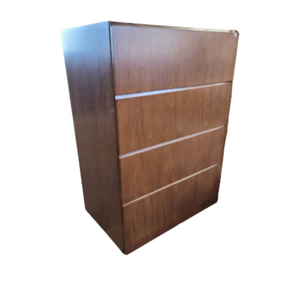 Steelcase Wood Four Drawer Lateral File Cabinet Overall Size: 36"w x 24"d x  51.5"h Mahogany with recessed pulls Four drawer lateral file Legal or letter filingLocking Adjustable floor glides
