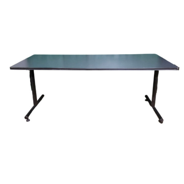 Rectangular Table 72"w x 30"d x 29"h 1" thick black speckled laminate smooth wood-grain finish Two adjustable floor glides Two locking castors