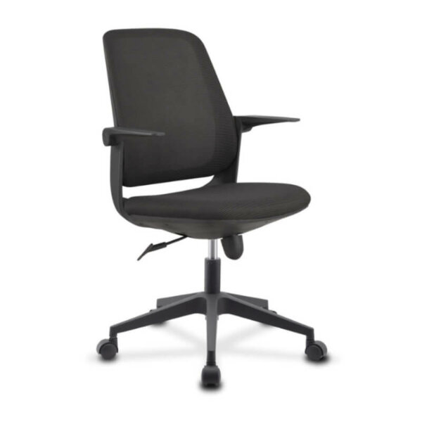 Horizon Activ A93 Task Chair Comfort contoured breathable mesh backrest Armrests flip up for convenience Tension adjustable, tilting mechanism with lockout Gas lift seat height adjustment Large diameter base adds strength and stability Easy-rolling nylon carpet casters High-density molded foam seat cushion Compact chair, great for small office spaces 2 year warranty