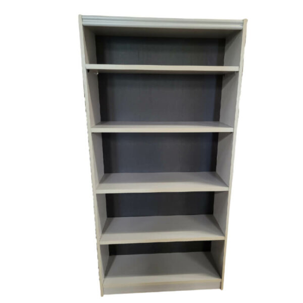 Grey Bookcase Dimensions: 36"w x 12"d x 72"h Laminate construction One fixed and three adjustable shelves Black backboard 