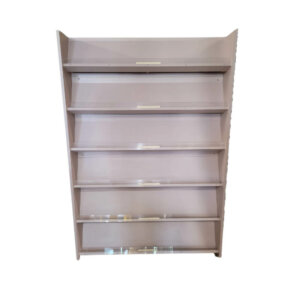 Literature Display Dimensions: 49.5"w x 8.5"d x 71"h Laminate construction Six fixed angled shelves Unfinished end panels
