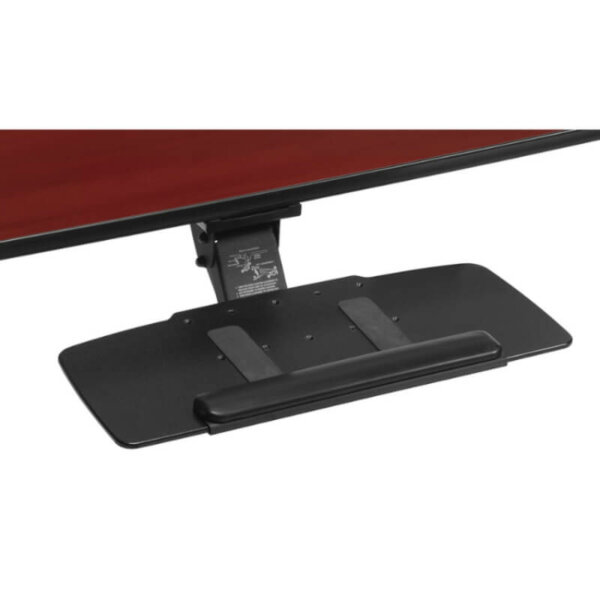Offices to Go Articulating Keyboard Tray Package includes articulating arm and 27" W HDPE keyboard tray Arm has 6" height and 30° tilt adjustment Dimensions: 27.5"W x 11.5"D x 0.38"H Low-profile design with 360-degree swivel HDPE tray is 0.38" thick and has a removable wrist rest Tray comes with anti-slip strips Requires 18" of depth clearance under the surface for installation