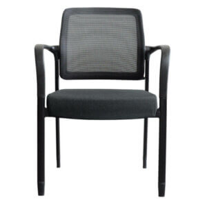 Icon Q2 Guest Chair black frame with black fabric seat, mesh back 275 lbs capacity. Nylon loop arms Available with feet or castors Mesh back with built-in lumbar support Upholstered seat Limited lifetime warranty