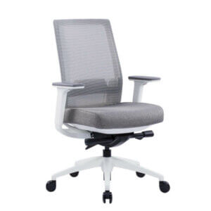 Icon Q2 Mesh | White Frame-Grey Seat mesh back, upholstered seat, pivoting height adjustable arms, and a seat slider
