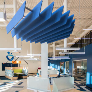 Acoustic Ceiling Baffles Tiles 14 standard colour options + full colour image printing 8 standard linear shapes 6 standard matrix shapes - or custom create your own Made with 50% +/- recycled polyester fiber - contributing to LEED MR credit for recycled content