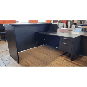 Reception Shell with Mobile Desk Overall Dimensions: 72” W x 106” D x 45.5” H Desk Surface Height: 29"H Reception shell with transaction counter Mobile desk with locking box, file drawers Desk nests within the reception shell