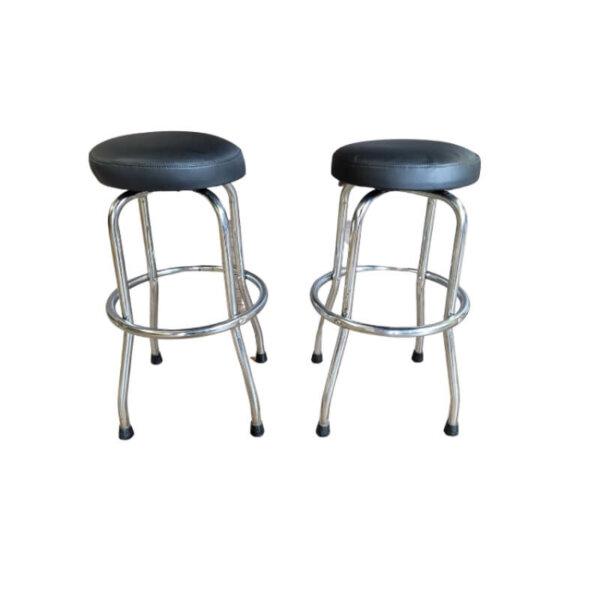 Swivel Stool 29"H - Pair of Two Polished aluminum 4-leg armless stool. Upholstered black vinyl swivel seat Overall 17" w x 17" d x 29" h Seat Diameter: 13" swivel seat durable plastic feet