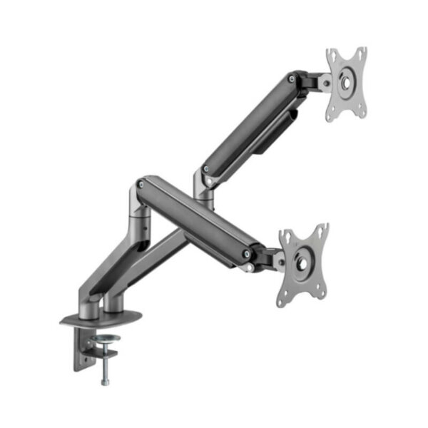 ACTIVERGO® Dual Monitor Arm AEG-24HA Built-in spring tension gauge adjusts for various weight loads Holds monitors up to 32” and 9 kg/19.8 lbs VESA mount plate for 75mm and 100mm Clamp or grommet mount (both included) Cable management Can rotate 360° and swivel +/-90° Tilt adjusts +/-55° accommodates flat & curved monitors 5 year warranty