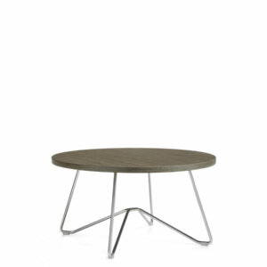 Soda 30" Round Table Dimensions: 30"W x 30"D x 15.25"H Weight: 40 lbs / 18.14 kg 1" thick thermally fused laminate surface with 2 mm matching edgeband Top surface available in 16 standard finishes Tables are standard with a Chrome frame Polycarbonate glides Glides suitable for carpet, rubber, or concrete flooring
