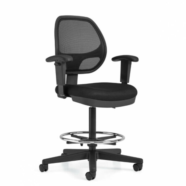 Geo Low Mesh Back Drafting Task Chair Dimensions: 25.5" w x 22" d x 46"h Seat Height: 22" - 32" Weight: 42 lb / 19.1 kgUpholstery Options: Mesh: Black only Textile: Black (MS20) only Task mechanism Height adjustable 'T' arms with durable self-skinned urethane armcaps Height adjustable chromed footrest Dual wheel carpet casters Pneumatic seat height adjustment Black mesh fabric seat with Black mesh back