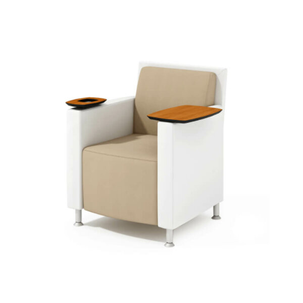 OFGO Studios JAZZ Lounge Seating Units are available with casters, adjustable post legs, or a combination of both Optional rear handle available. Standard in silver finish Tablet arm and cupholder mechanism includes a 360 degree swivel Tablet and cupholders are available in both Veneer and TFL selections Veneer tablet and cupholders contain a bevel edge profile TFL tablet and cupholders contain a matching 1.5mm edge-banded profile. Available in all standard TFL finish selections Veneer cupholders are attached to a metal plate with a slight opening for liquids to pass through TFL cupholders include a plastic insert for easy placement of a beverage Seats are high resiliency 2.5 lb. per cubic ft. density CFC-free foam. Fire retardant foam meets CAL 117 requirements Available in solid or multi-tone upholstery Manufactured with environmentally friendly preferred products (EPP Preferred Products) Greenguard Indoor Air Quality Certified® Manufactured in an ISO 9001:2008 compliant facility Limited lifetime warranty