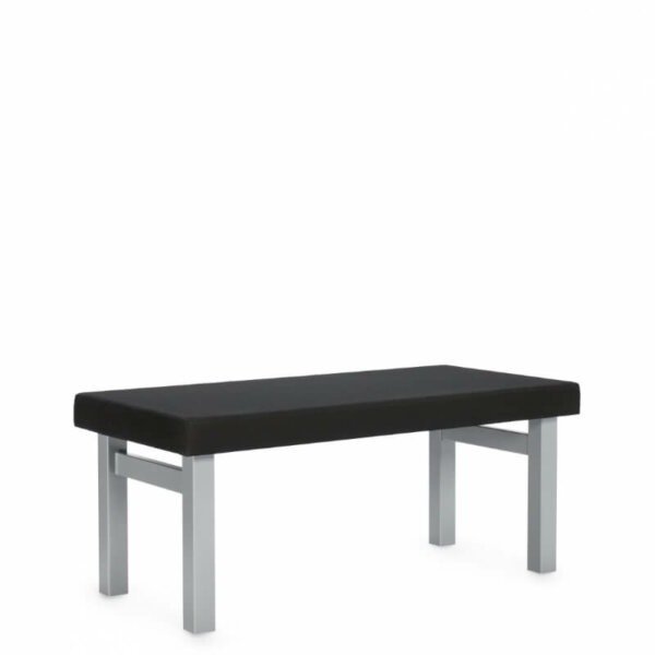 Ionic Two Seater Bench Dimensions: 42.5"W x 20.5"D x 18"H Seat Height: 18"  H-Leg Finish Options: Black (BLK), Designer White (DWT), and Tungsten (TUN) Upholstery Options: Seat: Available in all Grade 1 seating textiles (previously MVL3101F) or in Luxhide bonded leather (various colours) Alternate Textile Options: Graded-in and GPM textiles are available. Contact Customer Service for further details Upholstered bench with signature H-legs and generous seating area in one, two and three seater options Durable and ideal for open spaces and common areas 2” thick fully upholstered cushions banded on all four sides Cushion is secured to H-legs with T-nuts Legs are painted in a durable Sandtex finish with low profile plastic glides Shipped easy to assemble Compliant with the emissions guidelines set by the GREENGUARD Environmental Institute