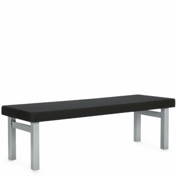 Ionic Three Seater Bench Dimensions: 63.5"W x 20.5"D x 18"H Seat Height: 18"  H-Leg Finish Options: Black (BLK), Designer White (DWT), and Tungsten (TUN) Upholstery Options: Seat: Available in all Grade 1 seating textiles (previously MVL3101F) or in Luxhide bonded leather (various colours) Alternate Textile Options: Graded-in and GPM textiles are available. Contact Customer Service for further details Upholstered bench with signature H-legs and generous seating area in one, two and three seater options Durable and ideal for open spaces and common areas 2” thick fully upholstered cushions banded on all four sides Cushion is secured to H-legs with T-nuts Legs are painted in a durable Sandtex finish with low profile plastic glides Shipped easy to assemble Compliant with the emissions guidelines set by the GREENGUARD Environmental Institute