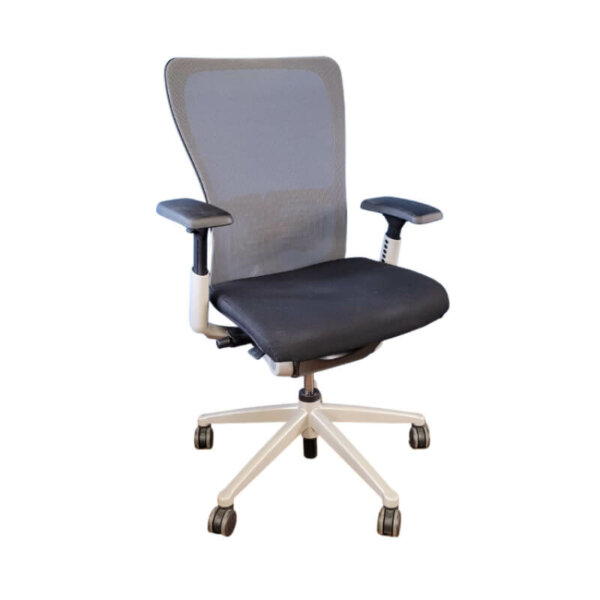Haworth Zody Task Chair Black/Grey frame with black/grey upholstery Tilt tension control and seat height adjustment Multiple position back stop and seat depth adjustment Waterfall seat edge Accommodates 95% of all users Breathable mesh back Forward tilt Pelvic and Asymmetrical Lumbar (PAL) for independent adjustment on each side 4D, height‐adjustable, or fixed arms with soft caps