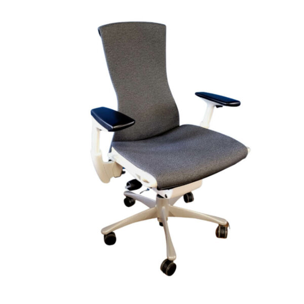 Herman Miller Embody White frame with grey upholstery Pixelated Support conforms to your micro-movements and eliminates pressure buildup. Narrow back promotes correct posture while allowing the freedom to move. Smooth tilt mimics body's natural pivot points for better balance and comfort. Die-cast aluminum frame and five-star base Four-layer seat with elastic suspension and support coils that move independently Festival Furniture supplied 5-year warranty on the gas cylinder and 1 year on all other parts