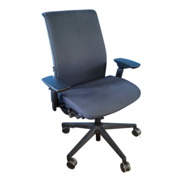 Steelcase Think Task Chair, Black frame with black mesh or black full upholstered back rest , 5" pneumatic seat-height adjustment, Variable backstop, Rectilinear independent height-, width-, pivot-, and depth- adjustable arms and soft arm caps, 3" seat depth adjustment, Passive seat edge angle, Adjustable lumbar, 2 1⁄2"-diameter, hard-composition, dual-wheel casters