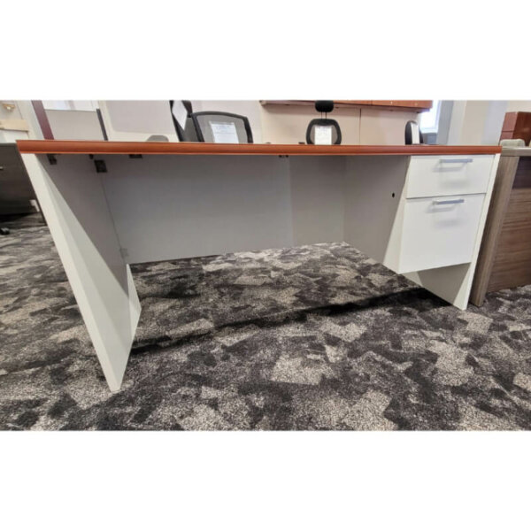 Natalex 24" x 60" Two-Tone Desk; Cherry/White Overall: 24" d x 60"w x 29"h One box/file pedestal 1" thick laminate Recessed modesty panel Fully locking Made in Cambridge