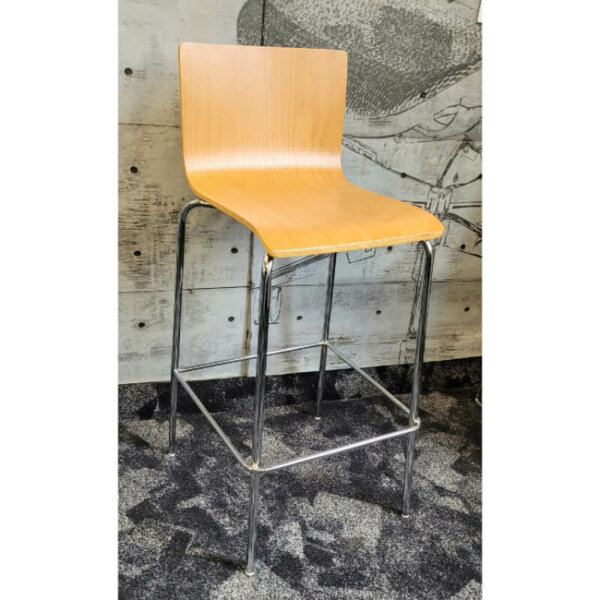 Wood Armless Bar Stool Chrome finish steel frame - 5/8" tube 4 legged base Clear Beech Veneer Molded seat/back for added comfort 100% Canadian made Exceeds ANSI/BIFMA standards