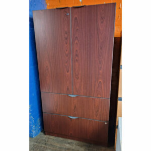 Laminate Storage Cabinet 36"w x 21"d x 66"h Cherry 1" thick laminate Locking storage doors Leveling glides 2 lateral file drawers (letter or legal) 2 adjustable shelves