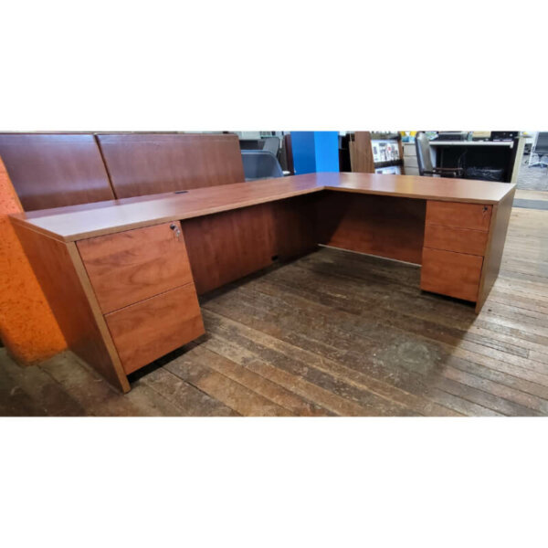 Bow Front L-Shape Desk Overall Dimensions: 72"w x 96"d Main Desk 72”w x 36”d with 60"w x 24"d return One box, box, file pedestal, locking One file, file pedestal, locking 1" thick laminate construction