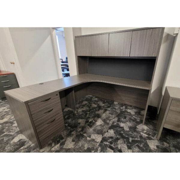 Napa L-shape Desk Suite 72" x 72" Overall dimensions: 72"w x 72"d x 29"h with hutch 65"h Slate Grey One locking box, box, file pedestal Full modesty panel Generous leg room 72" hutch with tack board