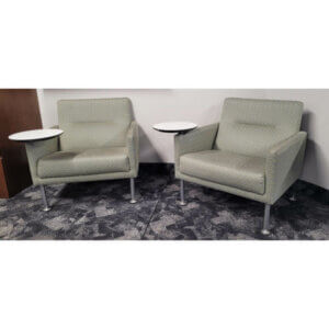 Coalesse Sidewalk Tablet Armchairs (Pair of Two) 30.5"W x 27"D x 32"H Seat Height: 17.5" Original Steelcase fabric (or can be reupholstered in your chosen fabric) Upholstery is hand-tailored, featuring a horizontally tucked upholstery detail and double-needle topstitched seams The frame is a unibody construction with finger-jointed plywood 4-leg steel base is standard in powder coat paint with easy gliding “go” glides Removeable table table