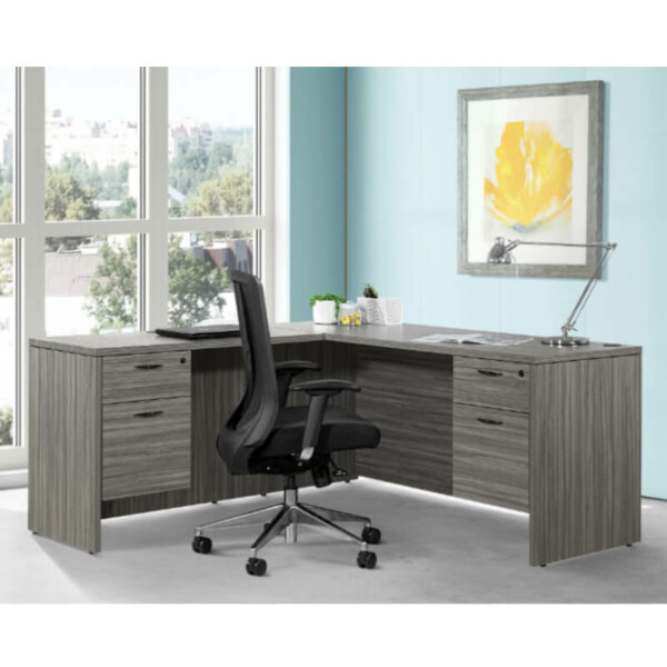 Napa L-shape Desk 66" x 66" Overall dimensions: 66"w x 66"d x 29"h Urban walnut two locking box, file pedestal Full modesty panel Generous leg room 