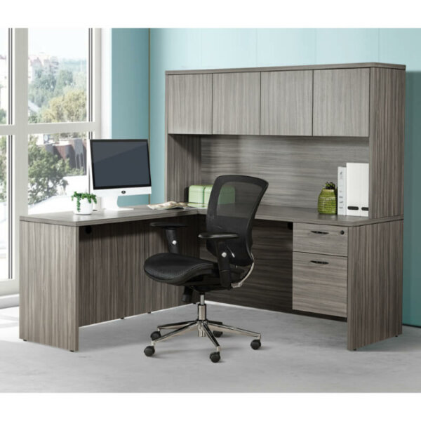 Napa L-shape Desk Suite with hutch 72" x 72" Overall dimensions: 72"w x 72"d x 29"h with hutch 65"h Urban walnut One locking box, file pedestal Full modesty panel Generous leg room 72" hutch doors
