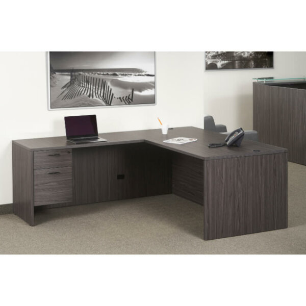 Napa L-shape Desk 66" x 72" Overall dimensions: 66"w x 72"d x 29"h  Slate Grey One locking box, file pedestal Full recessed modesty panel Generous leg room