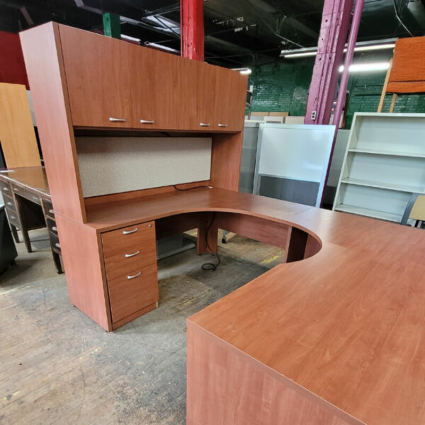U-Shape Desk Suite with Hutch Overall Dimensions: 72"w (front) x 94"d x 62"w (credenza) x 68"h  Left-hand facing U-shape desk with one box/box/file pedestal Overhead hutch with doors, 21" clearance Tackboard Under hutch task light