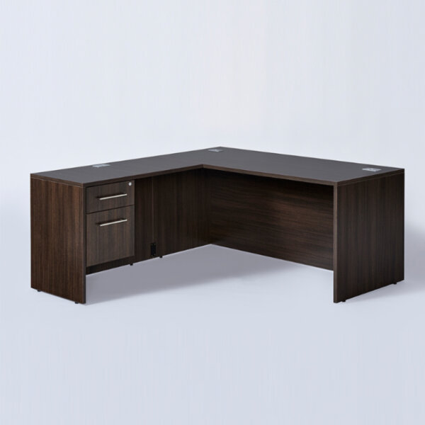 Icon Diverse L-Shape Desk 60" x 72" Available in Tuxedo or Tuxedo/White laminate Overall Depth: 72” Overall Width: 66” Overall Height: 29” Recessed full modesty panel Three grommets  One hanging box/file pedestal 12 year warranty on laminate 5 year warranty on slides, hinges & locks