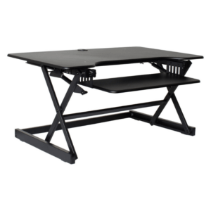 The Rocelco DADR*-40 Sit Stand Desk Riser EVR Enhanced Vertical Range – rises up to 20” and lowers down to 5”, to optimize the ergonomic work position for people of all heights. EVR Enhanced Vertical Range from 5” to 20”. 40” wide desktop holds 2 large monitors, laptop, etc. Straight up and down motion minimizes required depth (23”). Ergonomic retractable keyboard tray 25.5” x 11.25” will also hold a laptop if needed. Weight capacity up to 40 lbs. Rear grommet to route cables or add optional monitor arm (up to 2-monitor capacity). Works with optional floor stands DADR-FS2 or DADR-FSM to create a complete fixed or mobile standing desk. Fully assembled and ready to use. Available in black, white or teak.