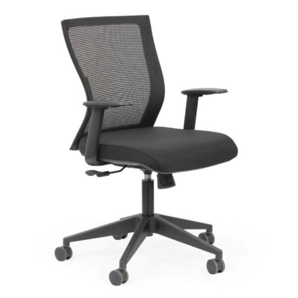 Workspace48 Balance task chair - Black Mesh Back Black Breathe Fabric Black 5 Star Base High resistance, molded foam with tidy under-seat finish Simple levers for height, tension and tilt control to personalize to your comfort Pneumatic Height Adjustment Adjustable Arms High quality mesh, ergonomically supports the back ISO14001EMS Certified 10 Year Warranty